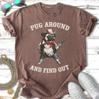 T-shirt with a pug in a cowboy hat and bandana holding a gun.