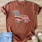 Brown t-shirt with a dachshund outline in patriotic patchwork fabric.