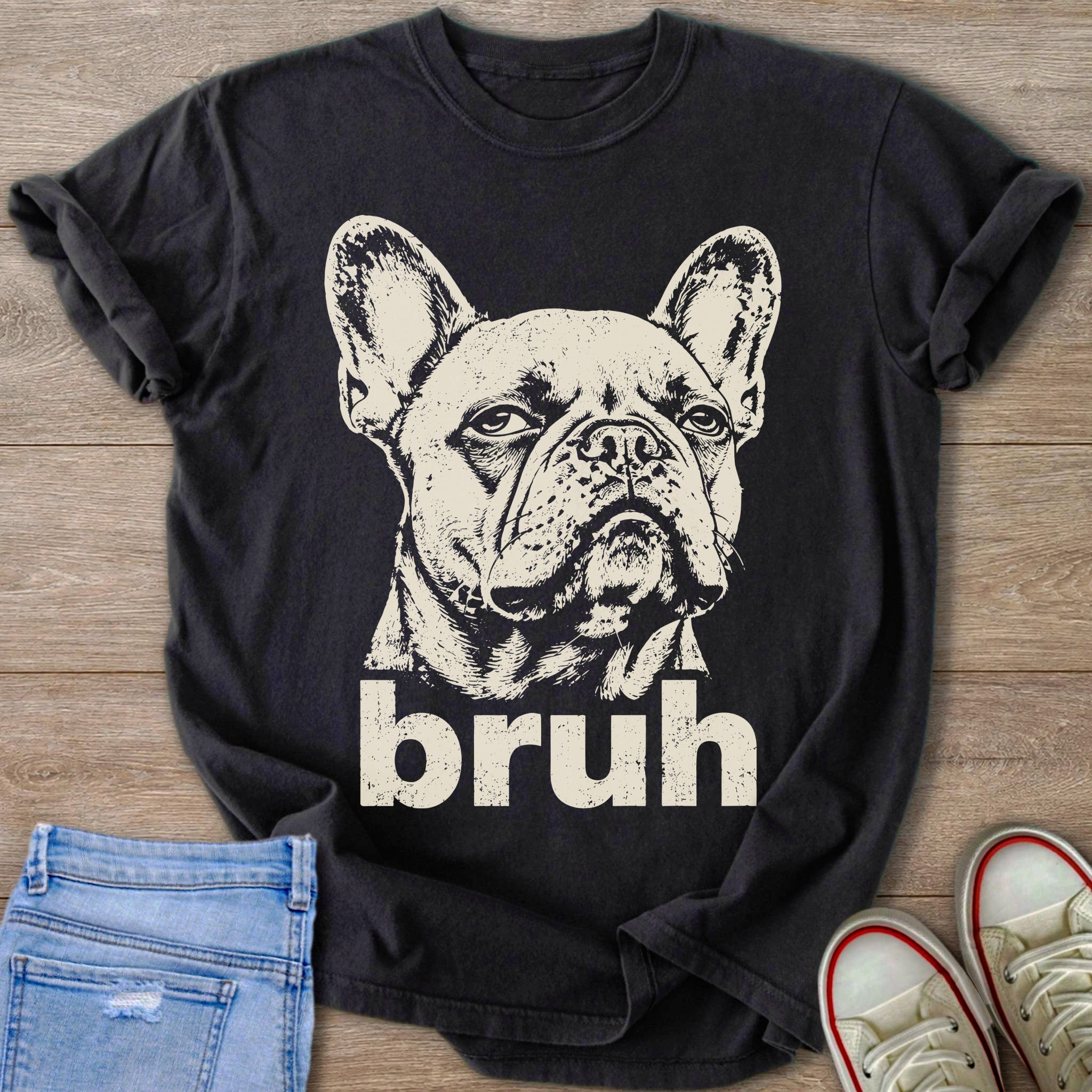 Black t-shirt with distressed French bulldog graphic and "bruh" text.
