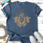 T-shirt with a distressed graphic of a dog in a cowboy hat with cattle heads.