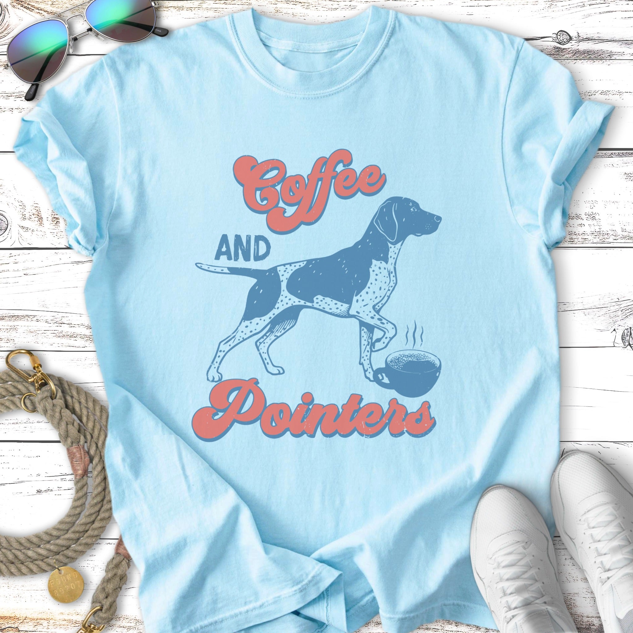 Light blue t-shirt with "Coffee and Pointers" text and a pointer dog.