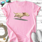Pink t-shirt featuring a small, tan, fluffy dog running.