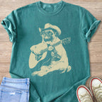 T-shirt with a pug wearing a cowboy hat playing a guitar.