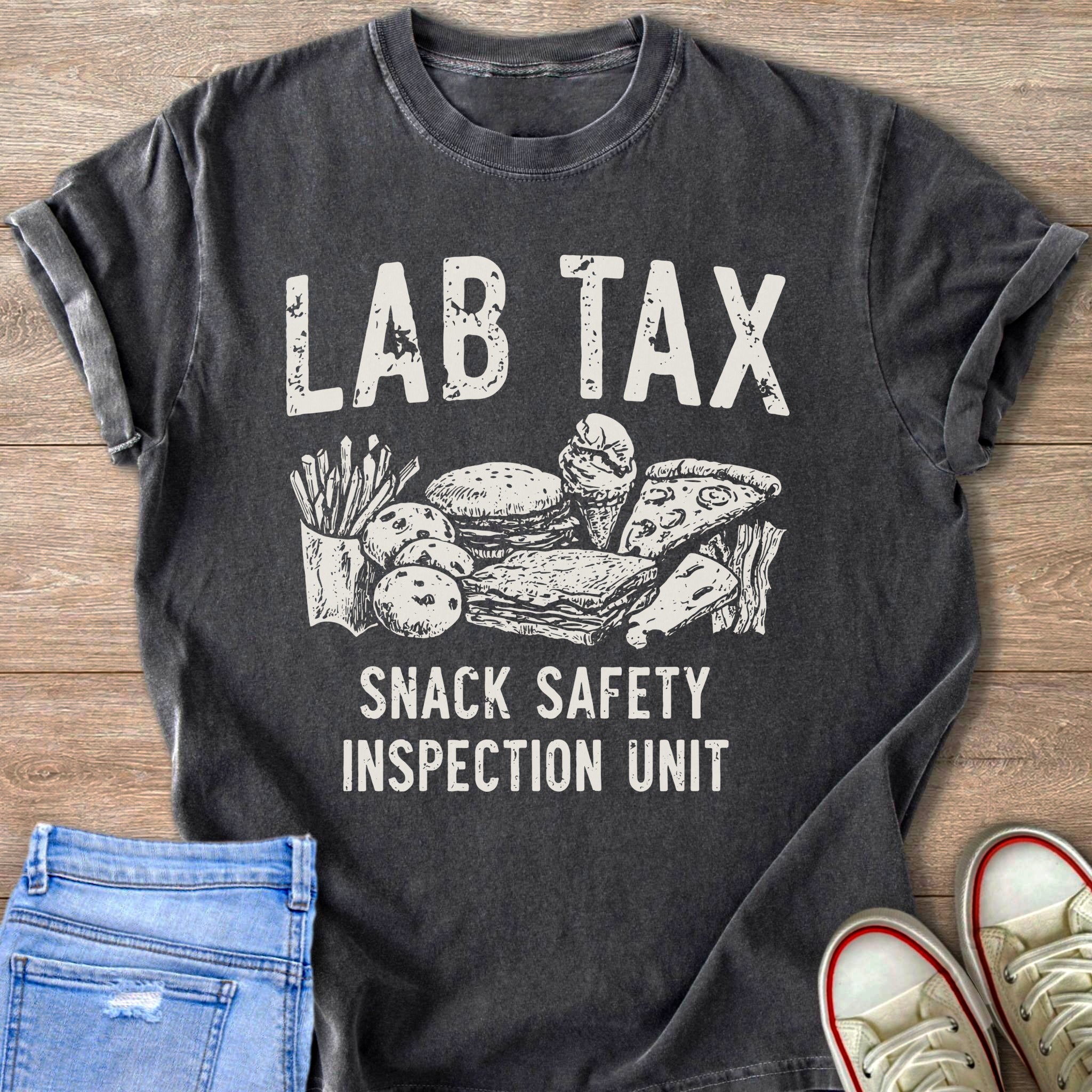 T-shirt with "Lab Tax Snack Safety Inspection Unit" text and various snacks.