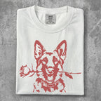 White t-shirt with a red German Shepherd holding a red rose in its mouth.
