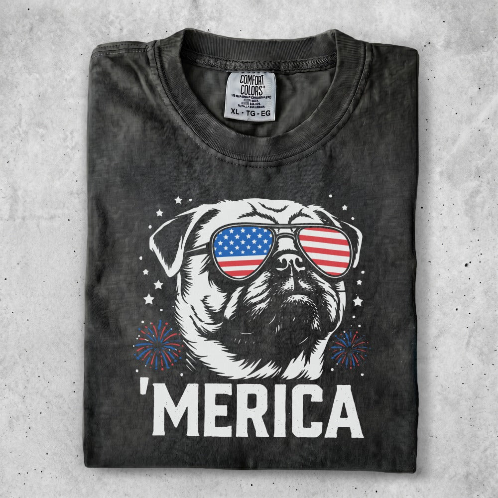 Black t-shirt with a dog wearing sunglasses and 'Merica text.