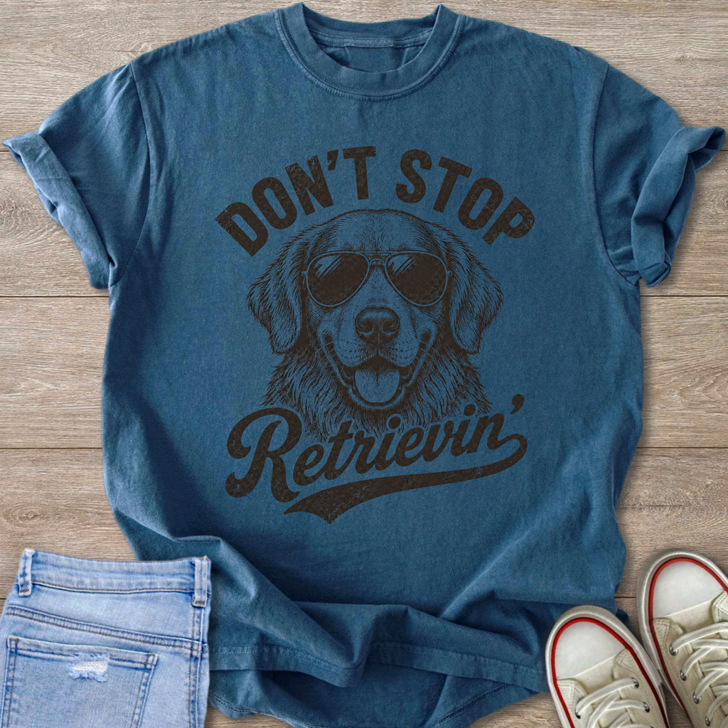 Blue t-shirt with a distressed graphic of a Golden Retriever wearing sunglasses and the text "don't stop Retrieving".