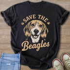 Dark t-shirt with a beagle illustration and "Save the Beagles" text.