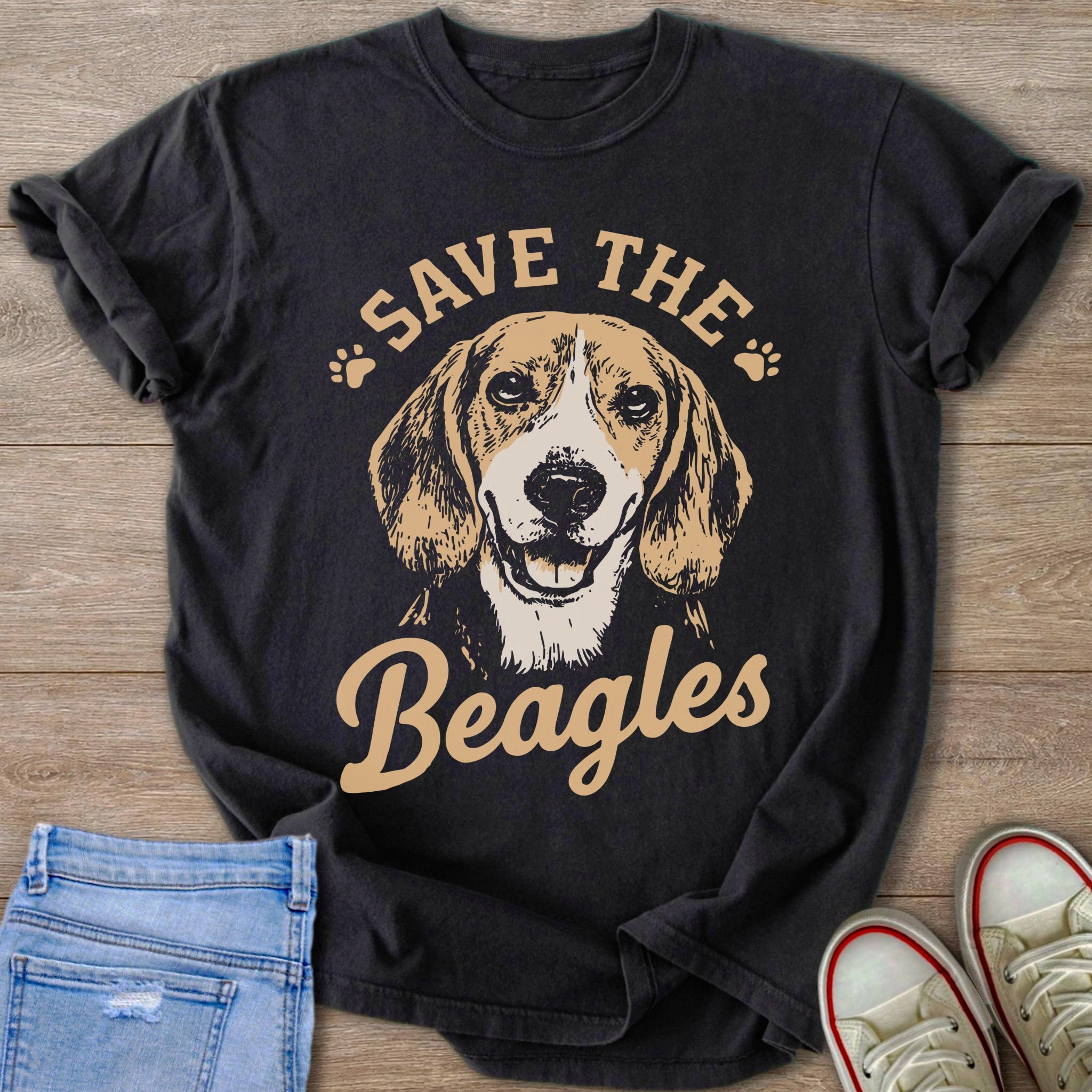 Dark t-shirt with a beagle illustration and "Save the Beagles" text.