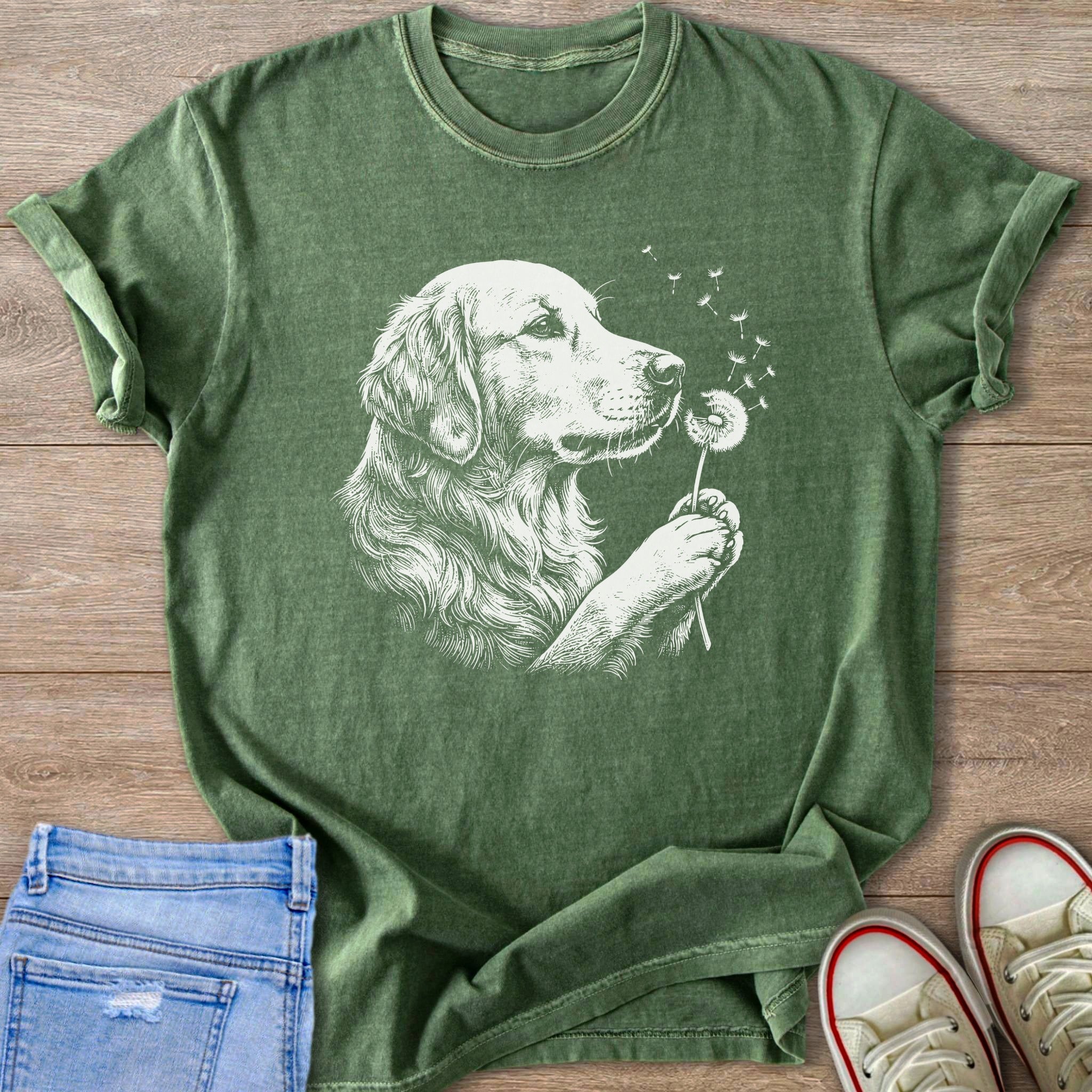 Green t-shirt with white line drawing of golden retriever blowing dandelion seeds.