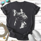 French bulldog sketch on a dark grey t-shirt with accessories.