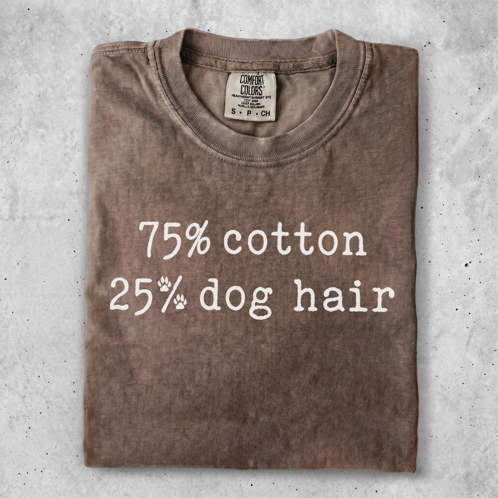 Brown t-shirt with text "75% cotton 25% dog hair" and size SP.