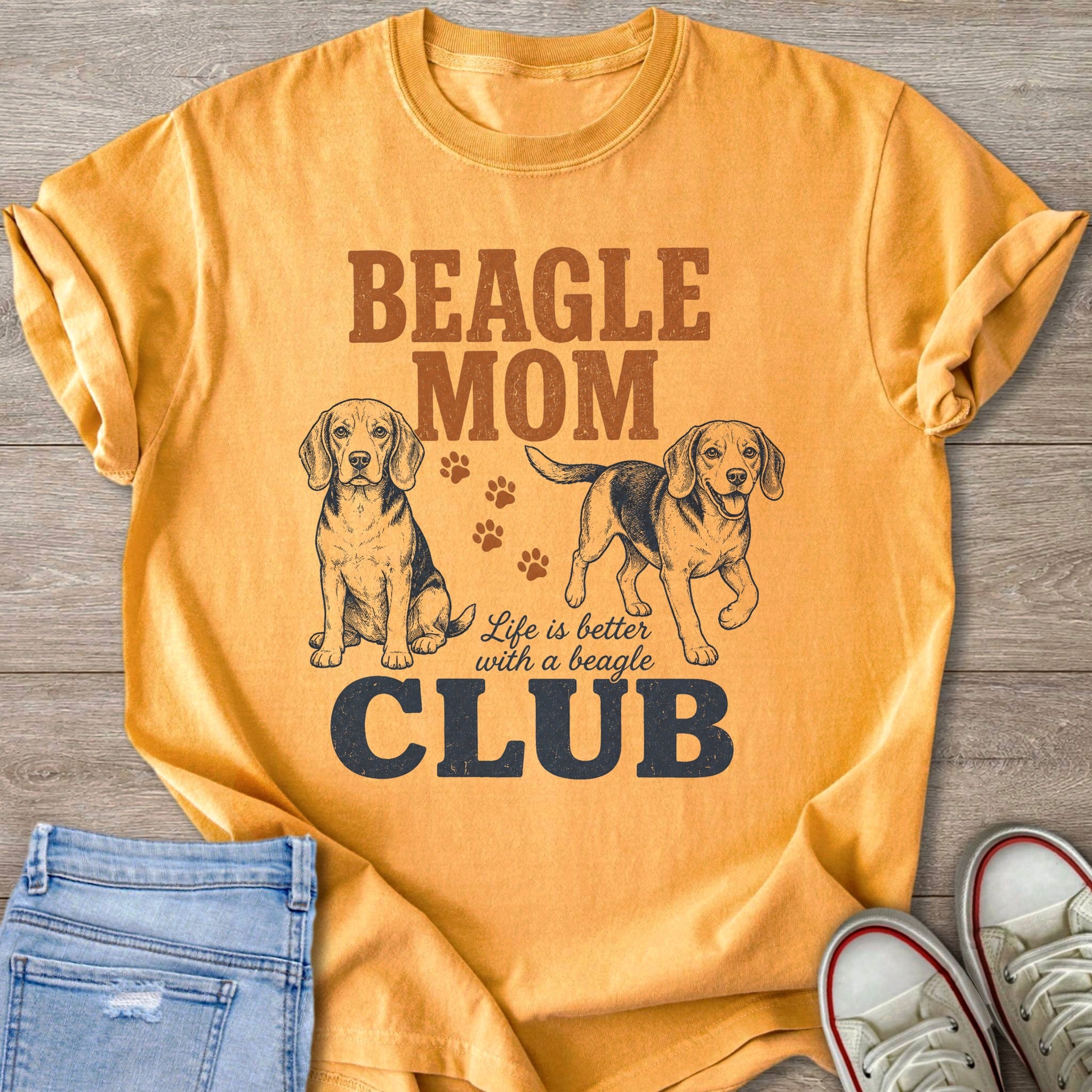 Orange t-shirt with "Beagle Mom Club" and two beagle dogs.