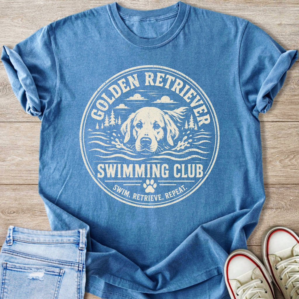 Blue t-shirt with Golden Retriever Swimming Club graphic and paw print.
