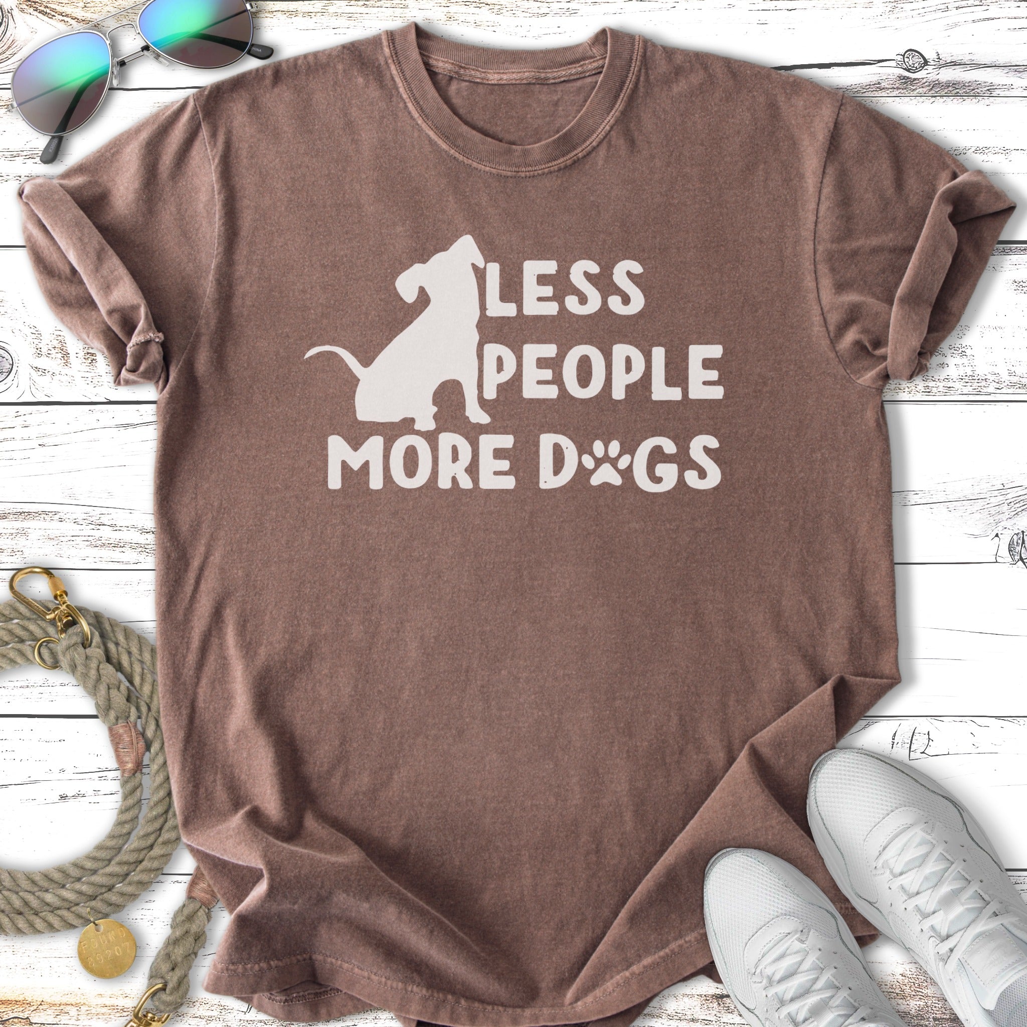 Brown t-shirt with white text "Less People More Dogs" and a dog silhouette.