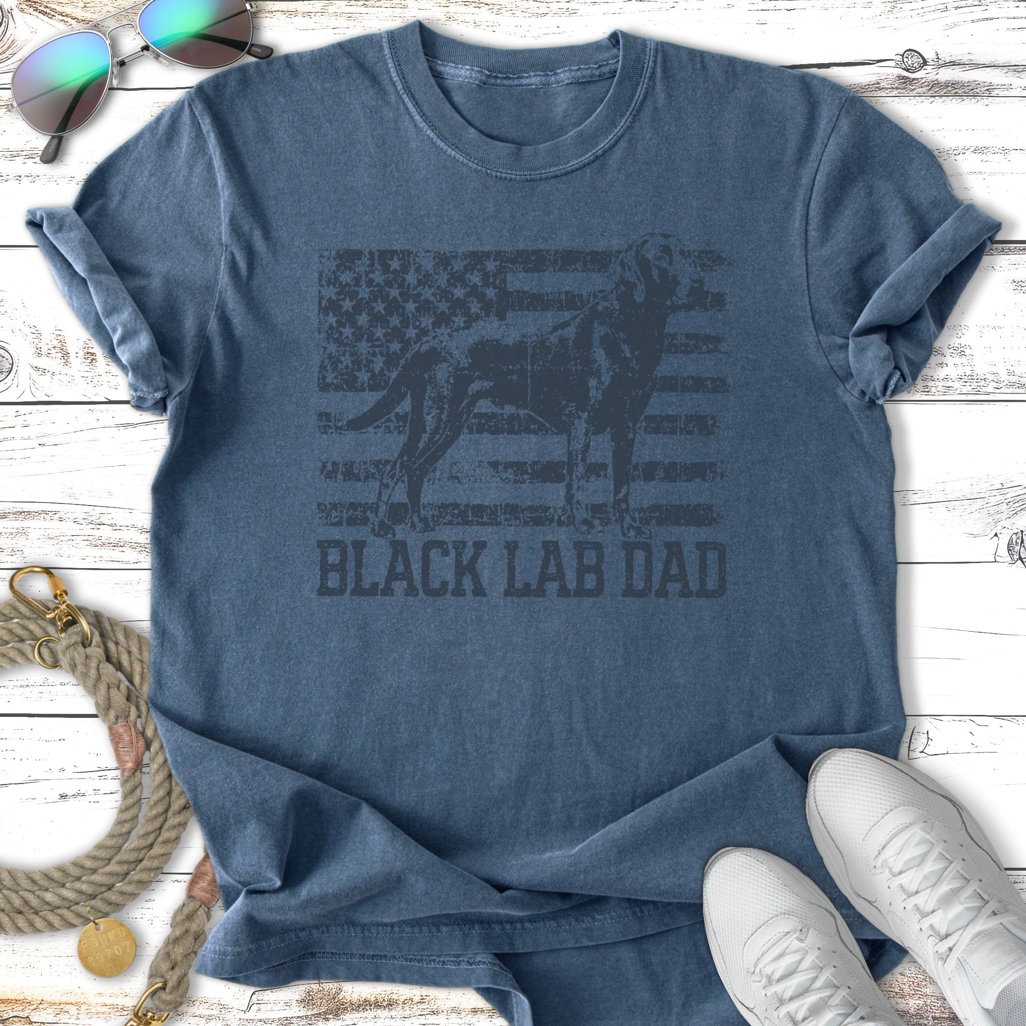 Distressed black lab silhouette over American flag, "BLACK LAB DAD" text.