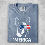Boston terrier in sunglasses with American flag pattern and "MERICA" text.