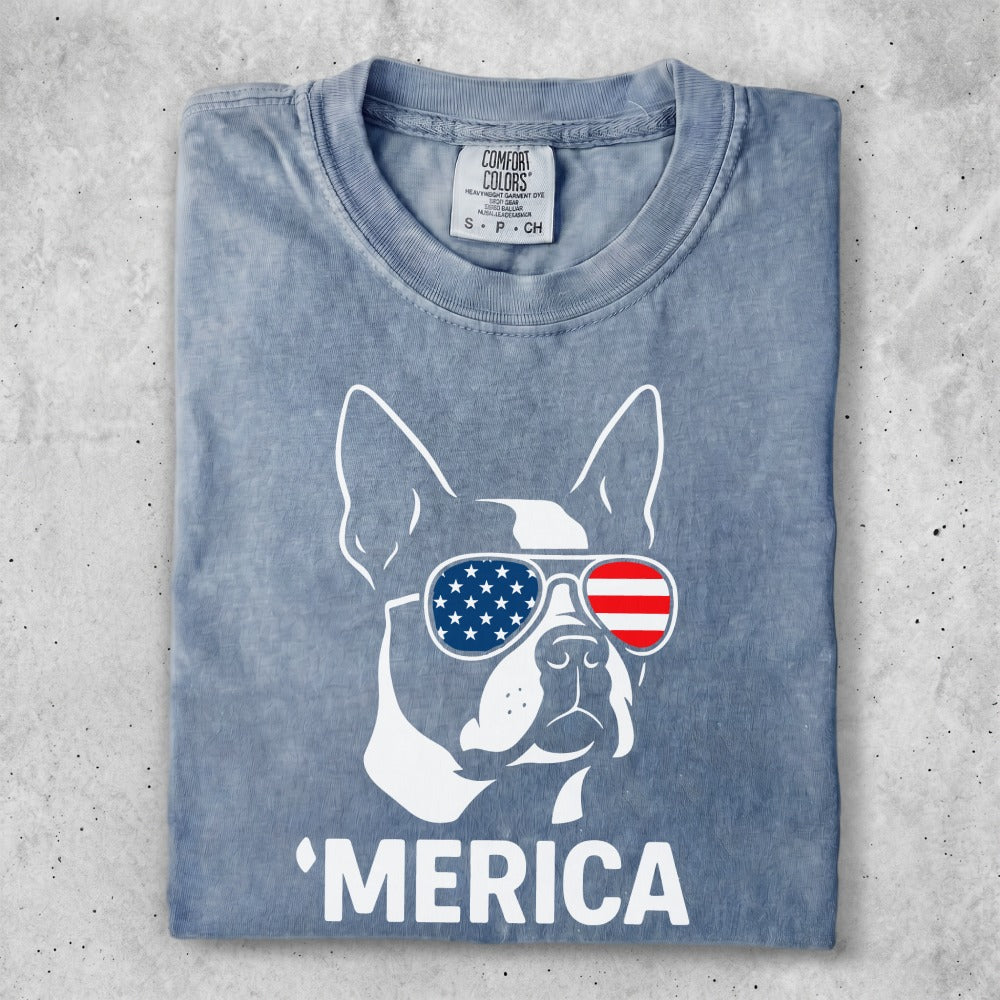 Boston terrier in sunglasses with American flag pattern and "MERICA" text.