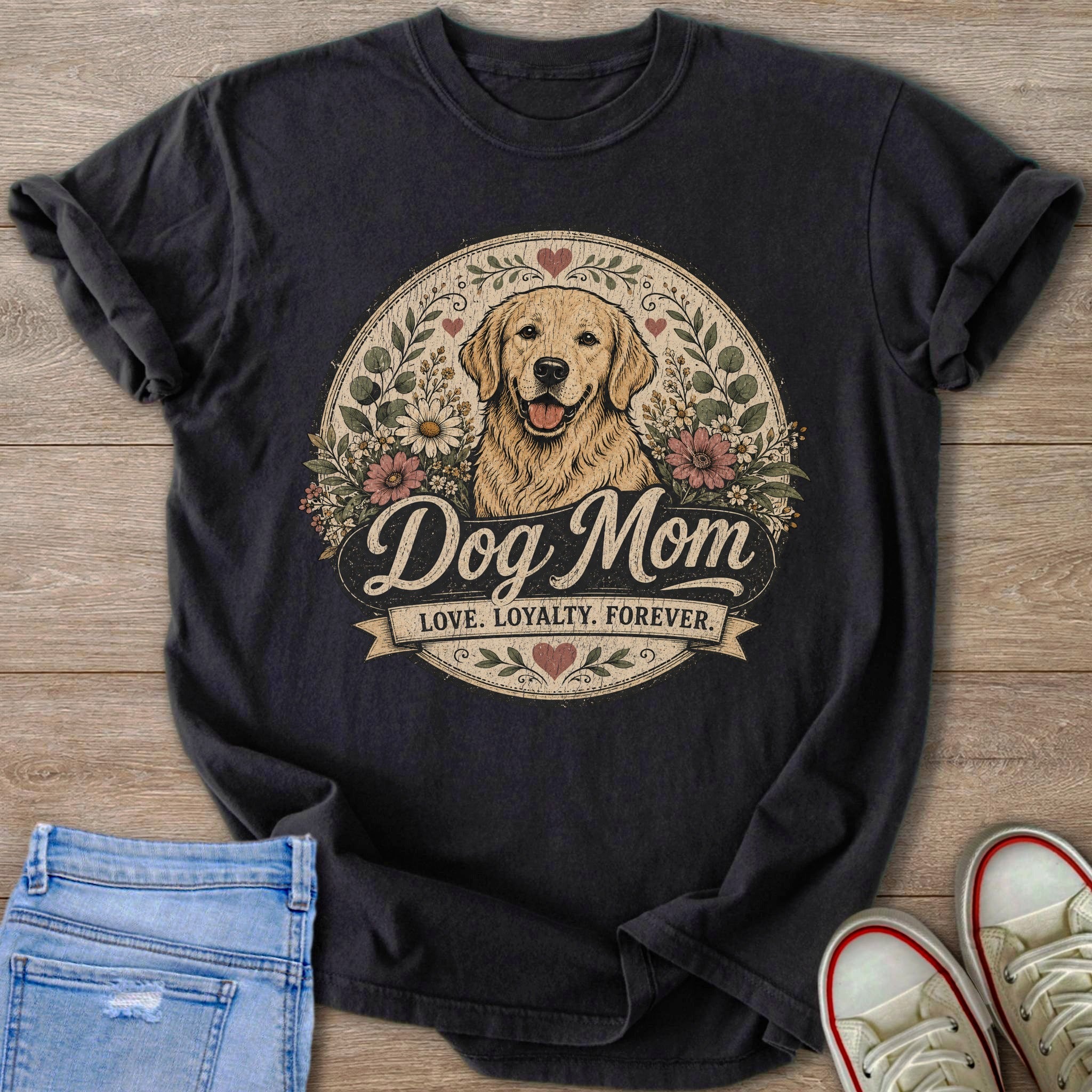 Dark grey t-shirt with "Dog Mom Love. Loyalty. Forever." and a golden retriever graphic.