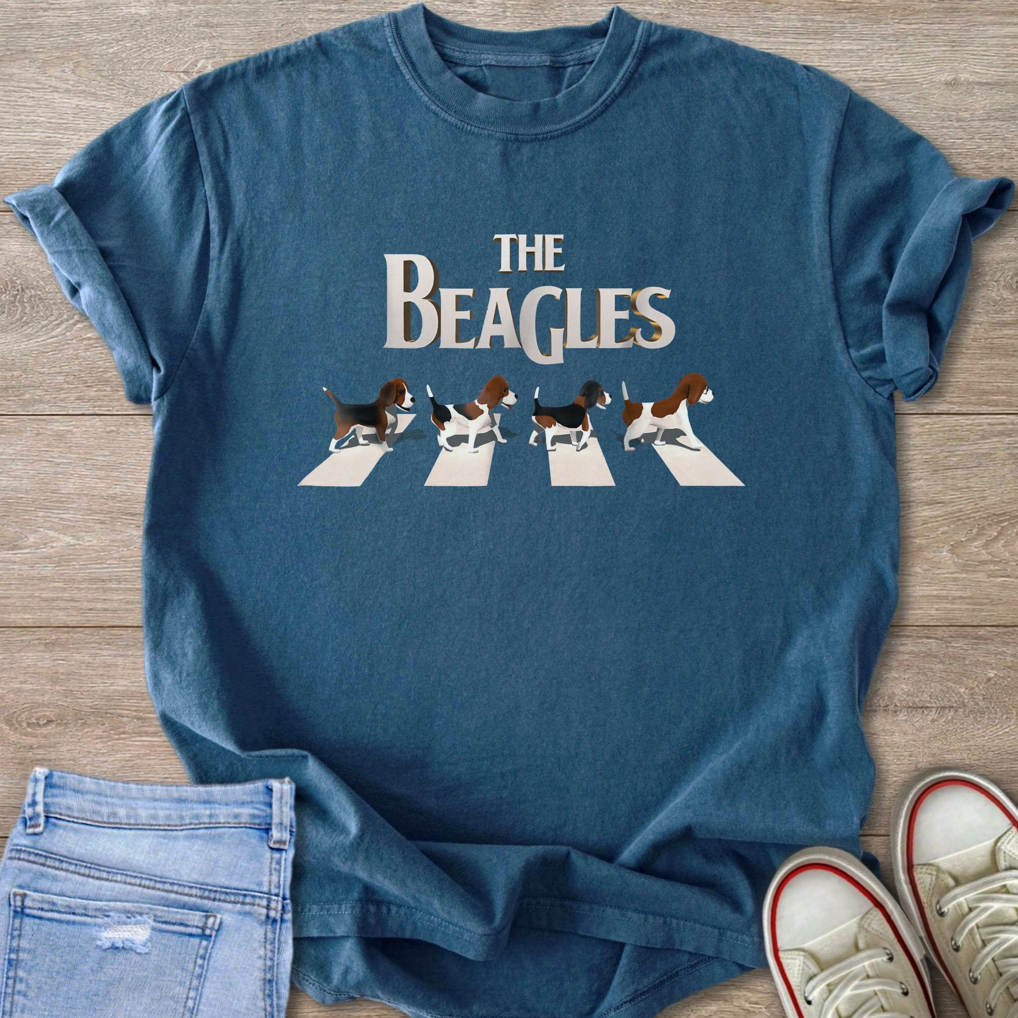 T-shirt with text "THE BEAGLES" above four beagles on a crosswalk.