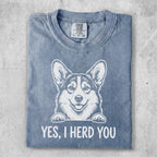 Blue t-shirt with a smiling corgi graphic and "YES, I HERD YOU" text.