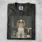 Dog in sunglasses with champagne bottle and glass.