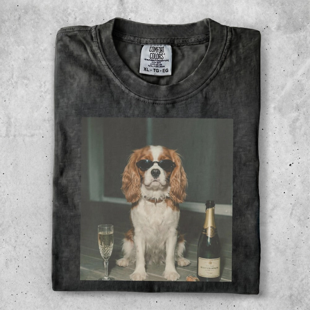 Dog in sunglasses with champagne bottle and glass.