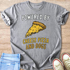 Gray t-shirt with text "POWERED BY CHEESE PIZZA AND DOGS" and pizza graphic.