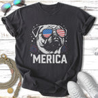 Black t-shirt with a pug wearing American flag sunglasses and "MERICA" text.