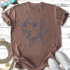 T-shirt with a sketch of a dog wearing American flag sunglasses.