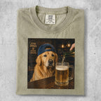 Golden retriever wearing a blue baseball cap being poured a beer.
