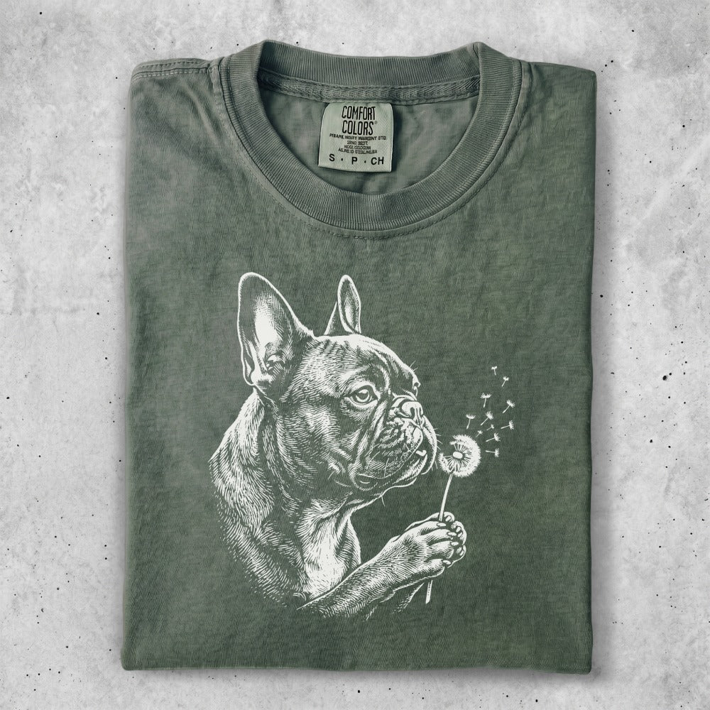 French bulldog with dandelion on olive green t-shirt.
