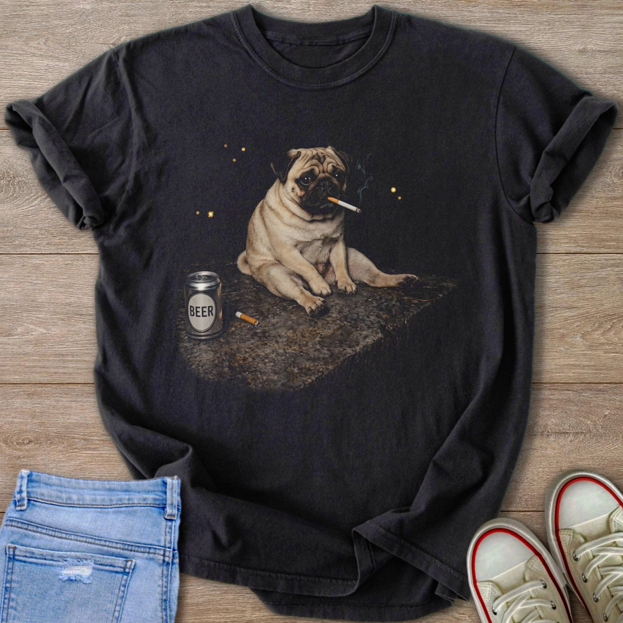 Pug cigarette and beer can graphic on a dark t-shirt.