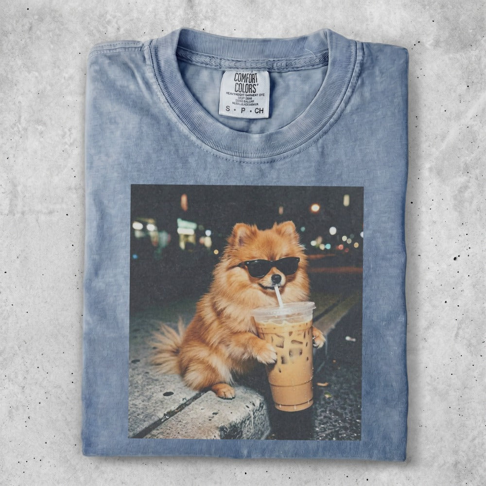 Pomeranian dog wearing sunglasses holding iced coffee.