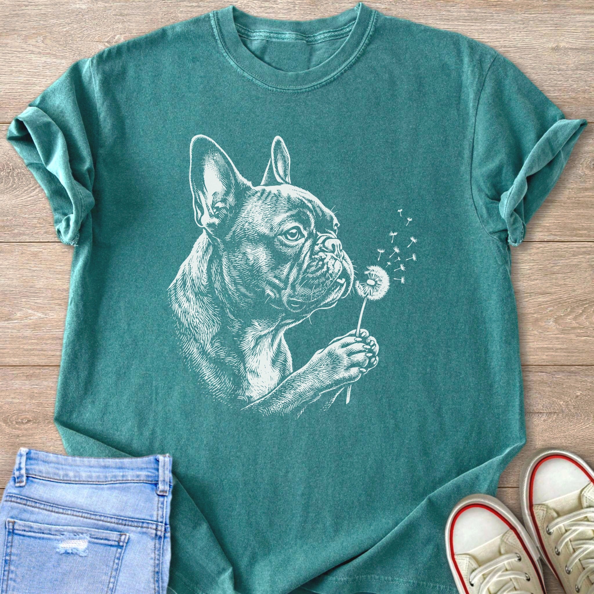 Teal t-shirt with white line art of French bulldog blowing dandelion seeds.