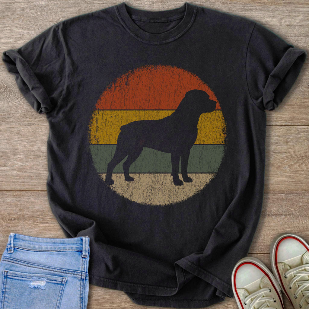 Black t-shirt with a vintage distressed Rottweiler silhouette graphic.