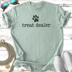 T-shirt with "treat dealer" text and a paw print.