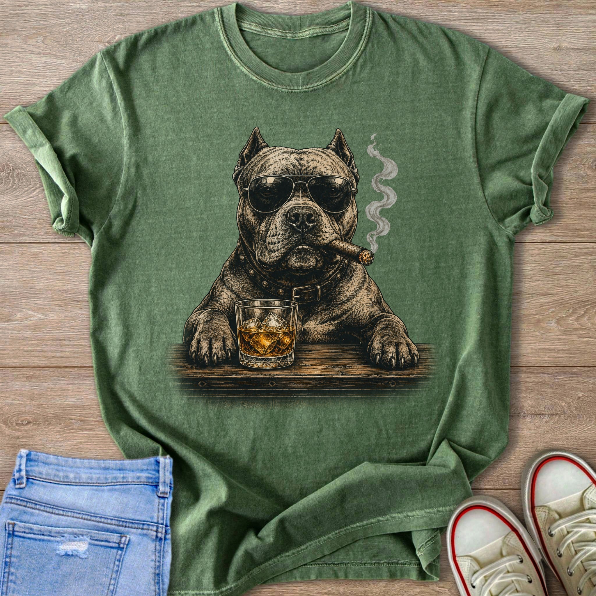 Green t-shirt with a pit bull wearing sunglasses and smoking a cigar.