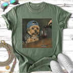 Yorkshire terrier wearing a baseball cap, pouring red wine into a glass.