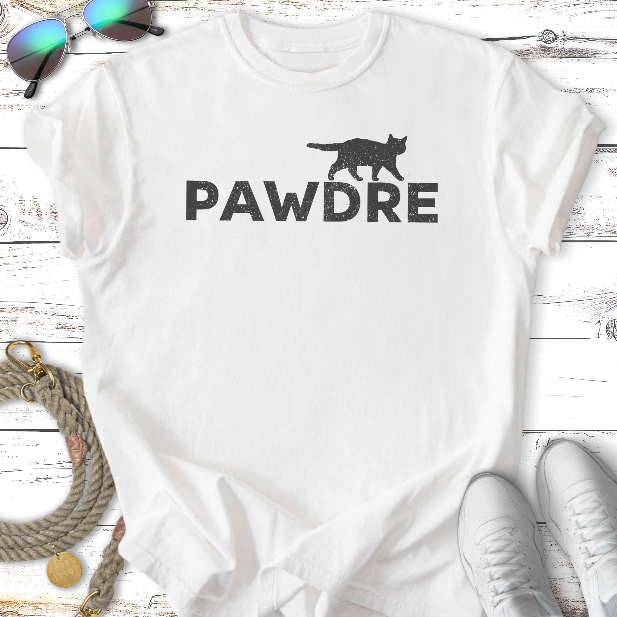 White t-shirt with black text "PAWDRE" and a cat silhouette above.