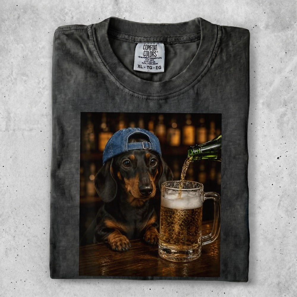 Dachshund wearing a blue cap pours beer into a mug.