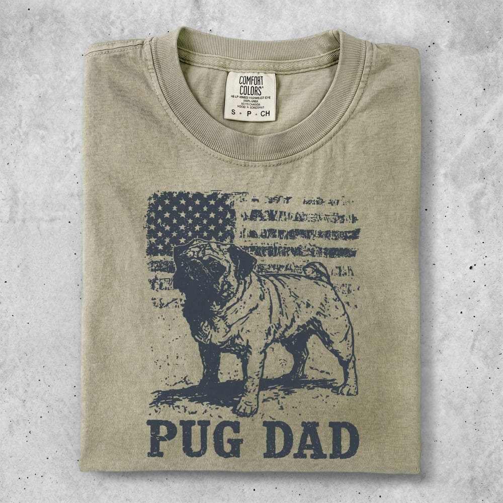 T-shirt with a pug superimposed on a distressed American flag.