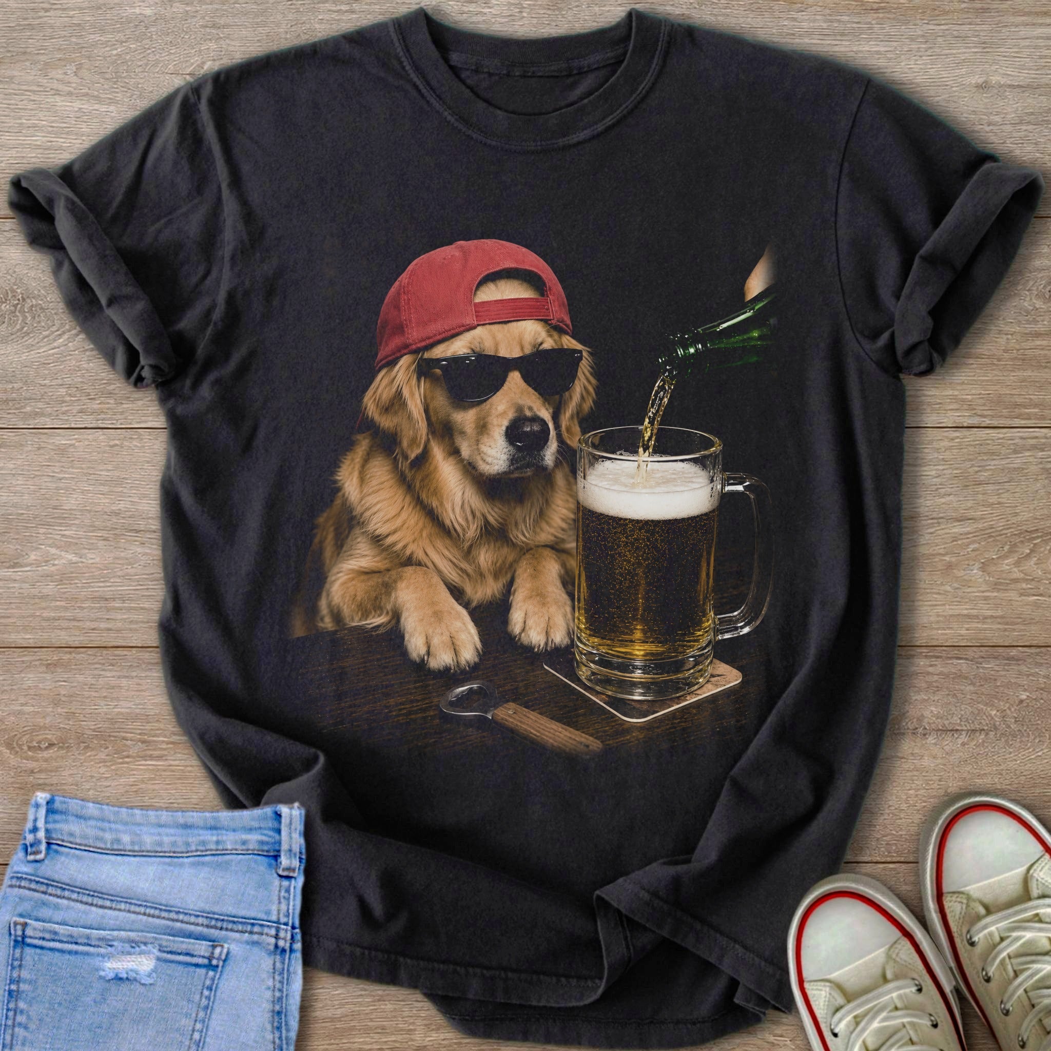 Golden retriever wearing a red hat and sunglasses pours beer into a mug.