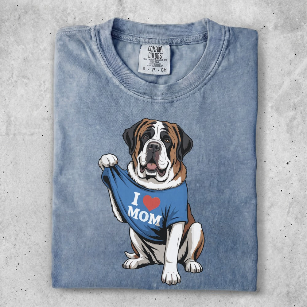 Comfort Colors t-shirt with "I ❤️ MOM" graphic featuring a St. Bernard dog.