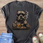 Artistic illustration of pit bull dog wearing sunglasses and smoking a cigar with a drink.