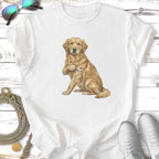 Golden retriever wearing a t-shirt with "I ❤️ MOM" on its chest.