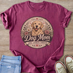 Maroon t-shirt with golden retriever and "Dog Mom Love. Loyalty. Forever." text.