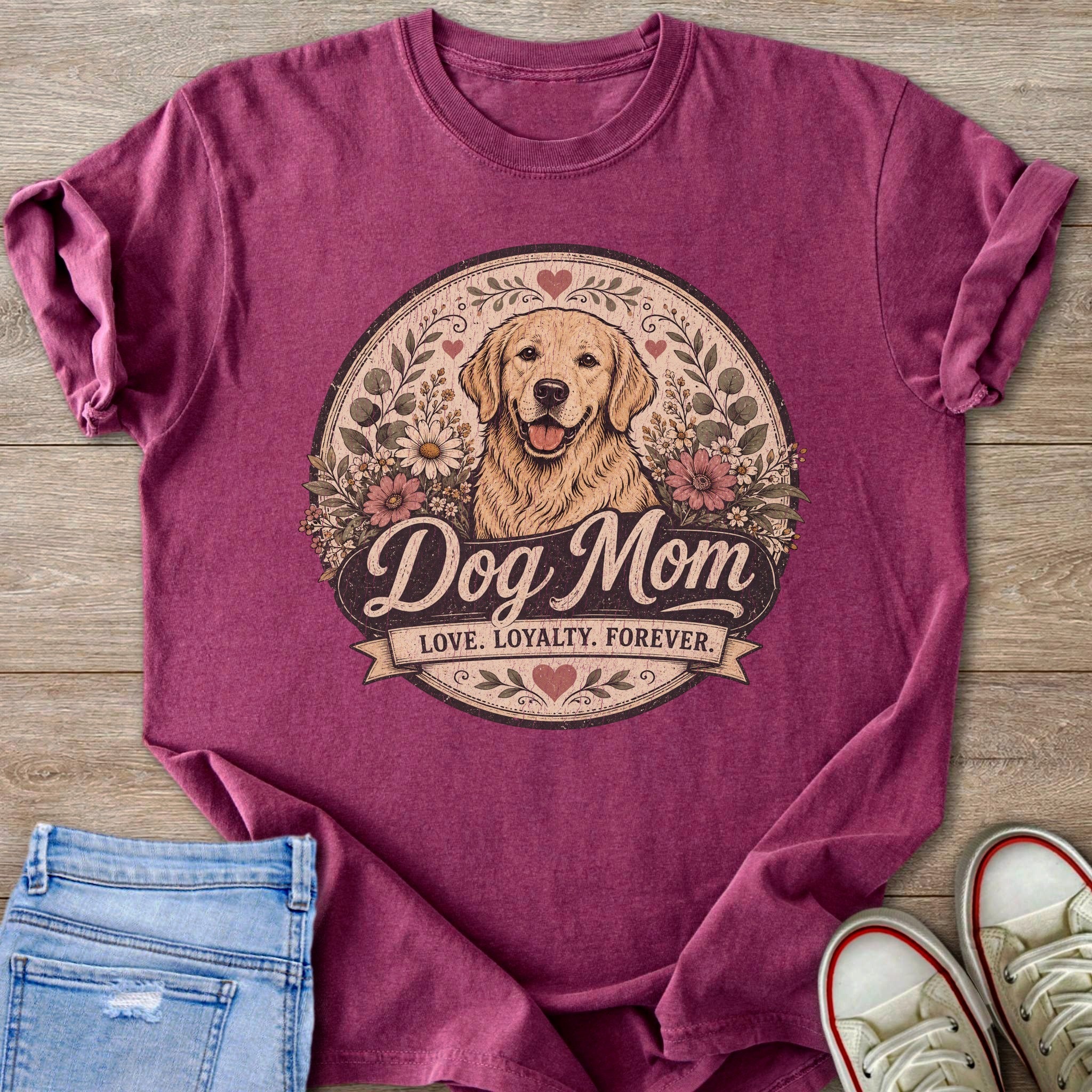 Maroon t-shirt with golden retriever and "Dog Mom Love. Loyalty. Forever." text.