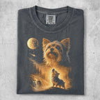 Yorkshire terrier howling at moon in forest landscape.
