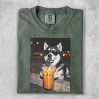 T-shirt with a husky dog wearing sunglasses and holding a coffee drink.